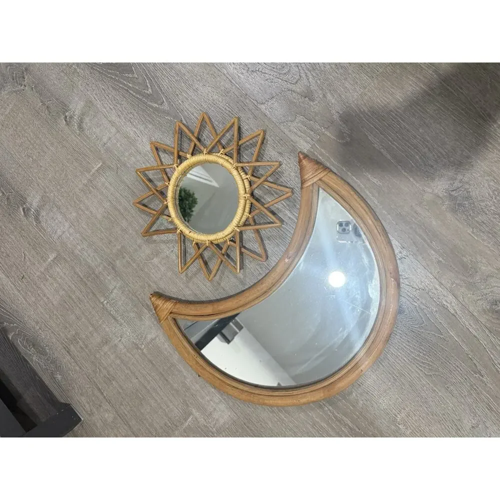 Vintage Crescent Moon Mirror Rattan 17”long Boho & 12” Sun